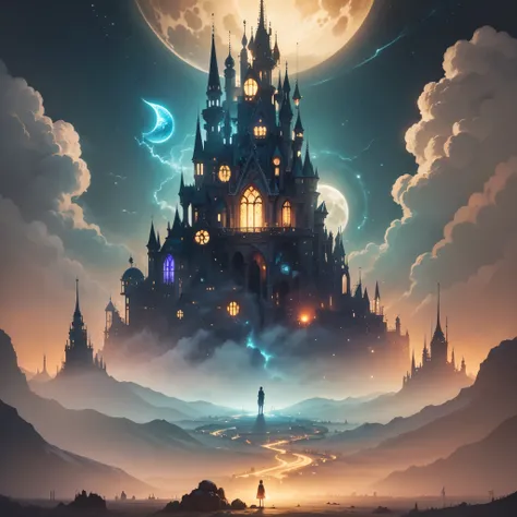 Lost land of otherworldly dreams, fantasy, magic, ink, acrylic, double exposure, mythological, best quality, night, moon, fog, gloomy, Van Gogh, Craola, Dan Mumford, Andy Kehoe, Miyazaki, patchwork, 2d, flat, cute, adorable, vintage, art on a cracked , ,  ...