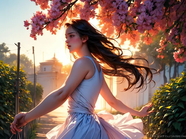 A girl doing a powerful, precise roundhouse kick, with beautiful detailed eyes, focused expression, and graceful movement. The scene is set in a lush garden with vibrant flowers and swaying trees in the background. The girl is wearing a form-fitting athlet...