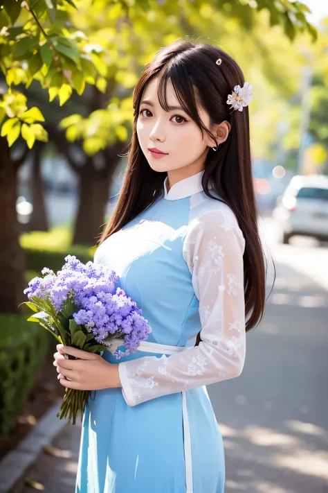 a beautiful girl in vintage colors aodai , masterpiece, best quality, realistic:1.3, street, holding bundle of adubon flowers, sunlight, backlighting, intricate scene, artstation, intricate details, vignette