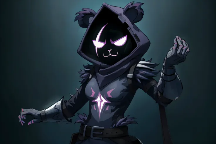 Raven Team Leader, 1girl, purple hood, animal ears, shaded face, purple skin, scar on eye, (furry), (body fur), purple fur, belt, straps, :3, torso symbol, metal gloves, upper body, looking at viewer, circle eyes, expressionless, dynamic pose, dark runic s...