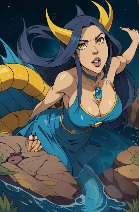 (pokemon style comics art: Gyarados as female, (female : 45yo, dark blue long hair, blue draconic long dress, slim body, yellow underbelly, (mouth: very large and gaping, open, pressed to the viewer,full lips, darkness)