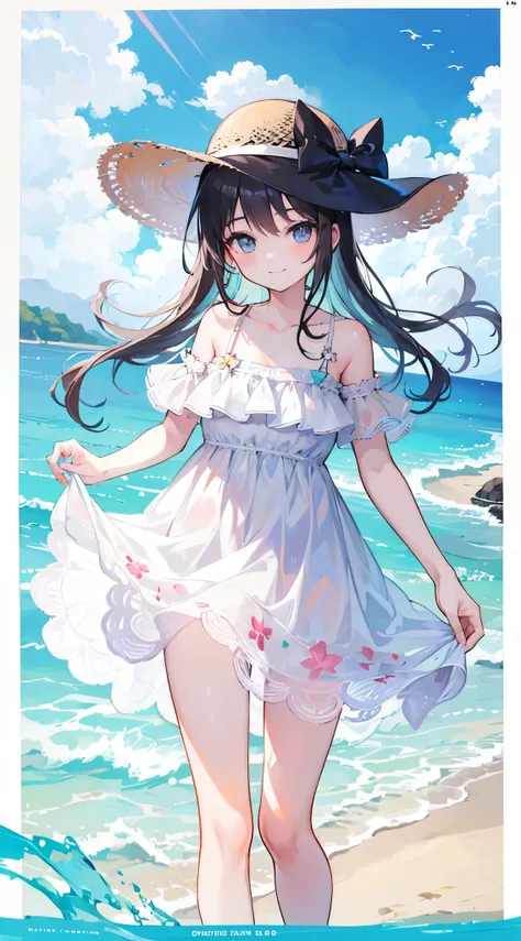 1girl, beach, , sundress, beautiful, hat, sky, smile