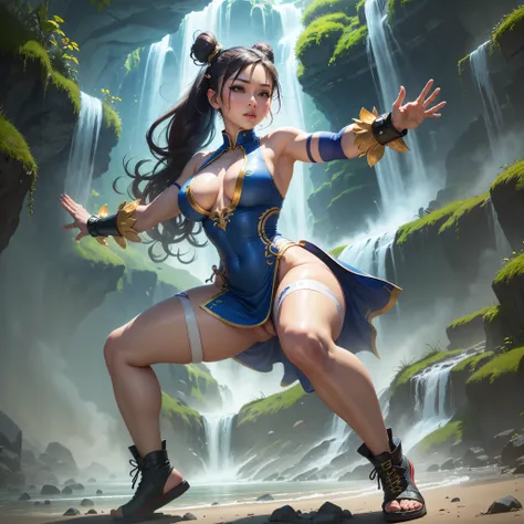 creates female Chun-Li in 2023, full body Make sure the representation is faithful to the design, alone, maintaining the quality of a character, training in a waterfall --auto --s2