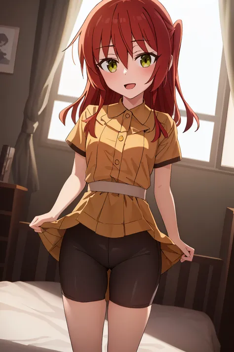 1 girl, best quality, ultra high res, long hair, red hair, green eyes, looking at viewers, small breast, standing, pov, slim body, loli body, small body, smile, open mouth, yellow shirt, short sleeves, bike shorts, bedroom, white bed sheets,