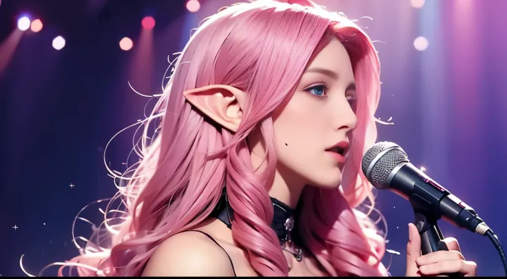 A woman, long curly hair, pink hair, blue eyes, elf, singing ,Music, microphone