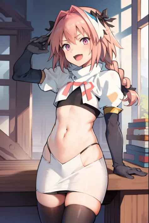 absurdres, masterpiece, best quality, (astolfo fate:1.2155), 1boy, male focus, trap, pink multicolored hair, pink hair, white hair, hair intakes, long hair, pink detailed eyes, crossdressing,1boy, team rocket,team rocket uniform, red letter R, white skirt,...