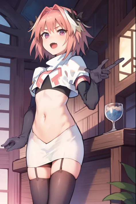 absurdres, masterpiece, best quality, (astolfo fate:1.2155), 1boy, male focus, trap, pink multicolored hair, pink hair, white hair, hair intakes, long hair, pink detailed eyes, crossdressing,1boy, team rocket,team rocket uniform, red letter R, white skirt,...