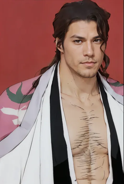 a handsome muscular man, kyoraku shunsui from anime bleach. has brown eyes and curly long hair and soft beards on her face. he has a charming tan skin.