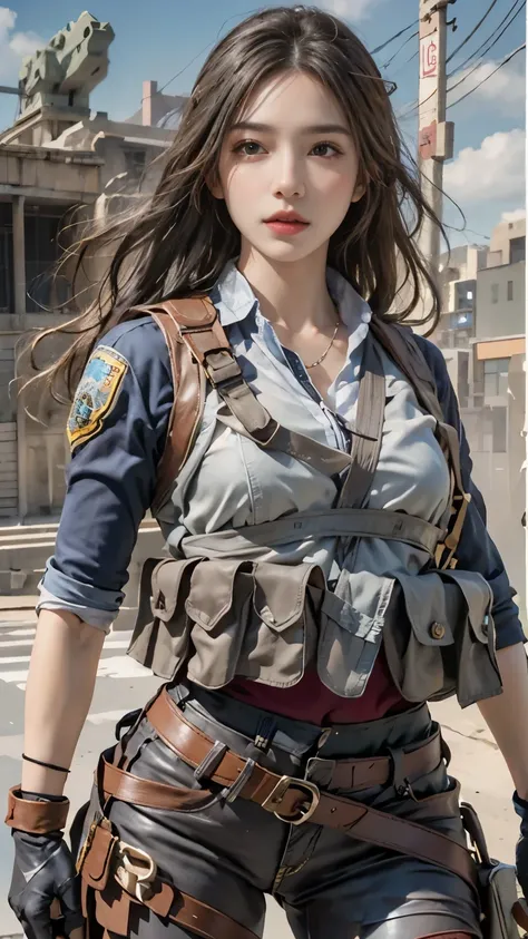 Photorealistic, high resolution, 1 woman, Solo, Hips up, view the viewer, (Detailed face), long hair, SWAT vests, jewelry, medium bust, battlefield outfit, silver outfit, bare stomach and shoulders, bare thigh, building background, walking,,