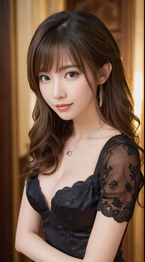 33 year old cute woman､Photos taken by a professional photographer，light brown delicate hair，Medium hair with wavy tips，Fancy makeup with brown eyeshadow，Black dress，round silver necklace，Medium breasts and cleavage，Looking away，Black High Heels，