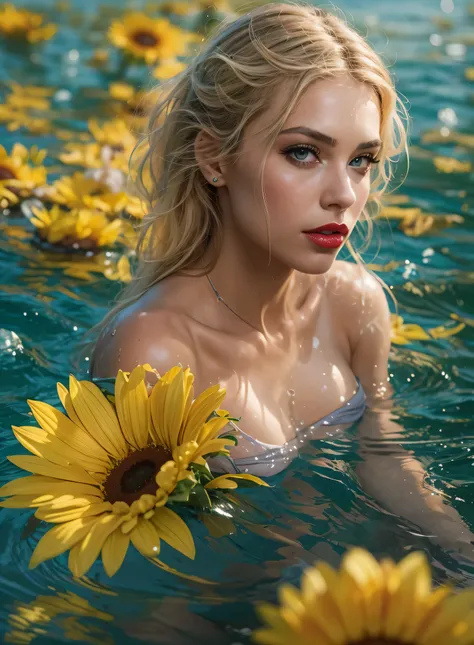 (photorealistic:1.4),8k(Face Focus: 1.1), (Yellow, blue: 1.3), ukrainian girl in a dress that is in the water, closeup fantasy with water magic, fine art fashion photography, sunflowers, roses, monia merlo, inspired by irakli nadar, inspired by irakli nada...