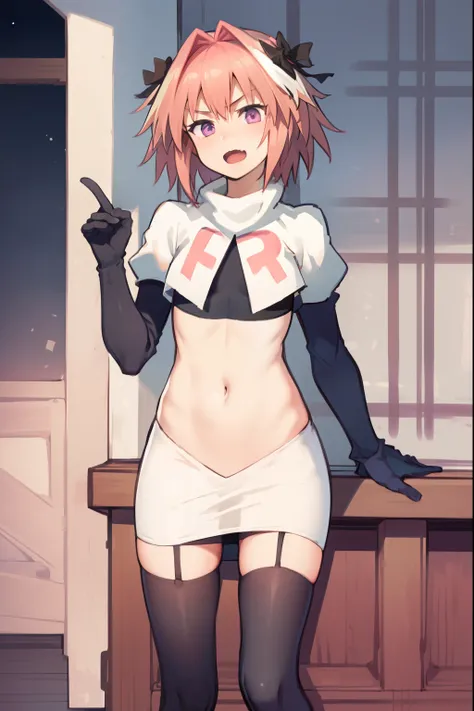 absurdres, masterpiece, best quality, (astolfo fate:1.2155), 1boy, male focus, trap, pink multicolored hair, pink hair, white hair, hair intakes, long hair, pink detailed eyes, crossdressing,1boy, team rocket,team rocket uniform, red letter R, white skirt,...