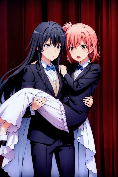 2girls, adult woman, house room background, Yukinoshita yukino in a tuxedo and coat carrying her wife yuigahama yui in wedding Dress, yuri, <lora:Carrying person / Princess carry_o.7_v1