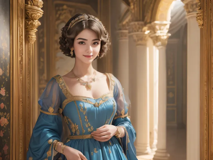 142
(a 20 yo woman,in the palace), (A hyper-realistic), (high-level image quality), ((beautiful hairstyle 46)), ((short-hair:1.46)), (kindly smile), (breasted:1.1), (lipsticks), (wearing a blue dress), (murky,wide,Luxurious room), (florals), (an oil painti...