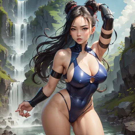 cinematic style, creates female Chun-Li in 2023, full body Make sure the representation is faithful to the design, alone, maintaining the quality of a character, training in a waterfall --auto --s2