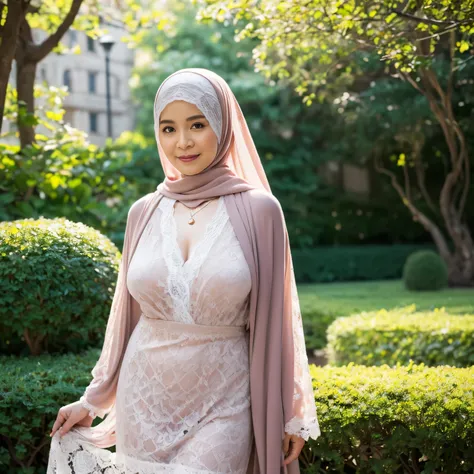 58 Years old, Indonesian mature woman, wearing Wide Hijab, perfect , natural Gigantic Mature breast : 96.9, gorgeous eyes, Soft smile, wear a Lace Gown, No Wearing Bra, necklace, Breast about to burst out, city garden. Soft Light, at day Time