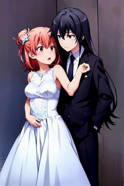 2girls, adult woman, house room background, Yukinoshita yukino in a tuxedo and coat carrying her wife yuigahama yui in wedding Dress, yuri, <lora:Carrying person / Princess carry_o.7_v1