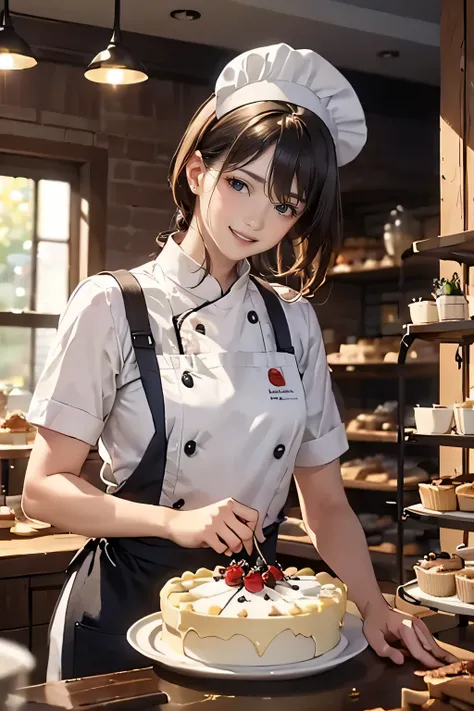 (drooping eyes, realistic skin), pastry chef decorating a cake in the shop with customers, white shirt and yellow apron, short chef hat, grinning,