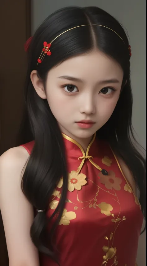 best qualtiy, hyper-high detail，Overlooking，Full body like，9year old girl，Refined face，Coiled hair，Hairpins，Hairpins，pretty  face，Skin reflection，Red cheongsam，slimfigure，Shy，Smaller bust，cropped shoulders，Optimal body curves，High split end