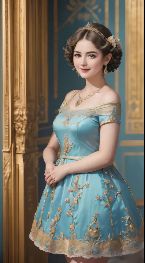 142
(a 20 yo woman,in the palace), (A hyper-realistic), (high-level image quality), ((beautiful hairstyle 46)), ((short-hair:1.46)), (kindly smile), (breasted:1.1), (lipsticks), (wearing a blue dress), (murky,wide,Luxurious room), (florals), (an oil painti...