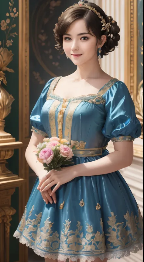 142
(a 20 yo woman,in the palace), (A hyper-realistic), (high-level image quality), ((beautiful hairstyle 46)), ((short-hair:1.46)), (kindly smile), (breasted:1.1), (lipsticks), (wearing a blue dress), (murky,wide,Luxurious room), (florals), (an oil painti...