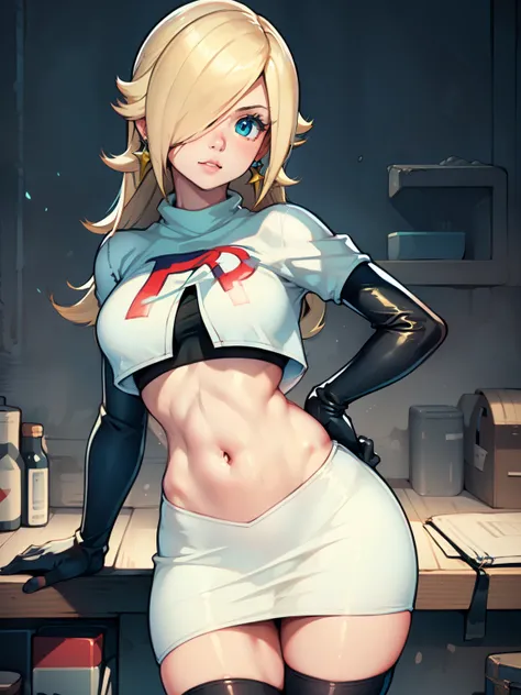 rosalina, glossy lips ,team rocket uniform, red letter R, white skirt,white crop top,black thigh-high boots, black elbow gloves, looking at viewer, cowboy shot