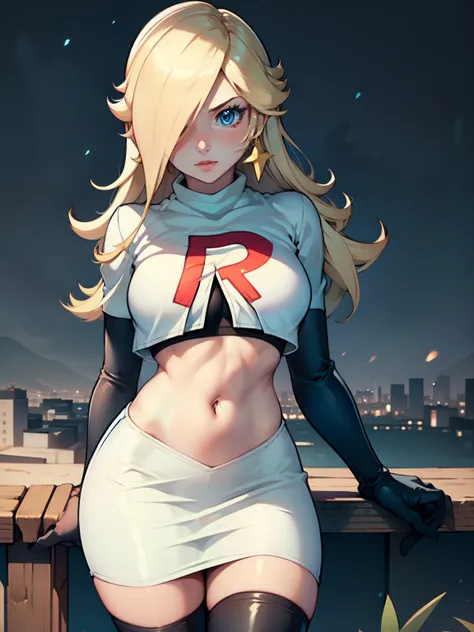 rosalina, glossy lips ,team rocket uniform, red letter R, white skirt,white crop top,black thigh-high boots, black elbow gloves, looking at viewer, cowboy shot