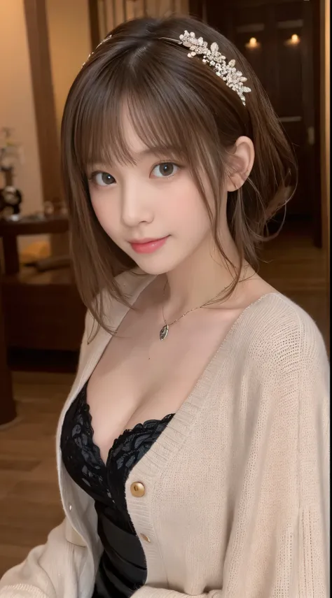 33 year old cute woman､Photos taken by a professional photographer，light brown delicate hair，Medium hair with wavy tips，Fancy makeup with brown eyeshadow，Black dress，round silver necklace，Medium breasts and cleavage，Looking away，Black High Heels，