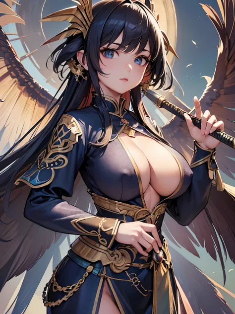 "(best quality, highres, ultra-detailed, photo-realistic:1.37), an anime character with a bird perched on the wrist and holding a sword in hand, official artwork, detailed keyframe animation art, detailed digital anime art, bird warrior, impressive detaile...