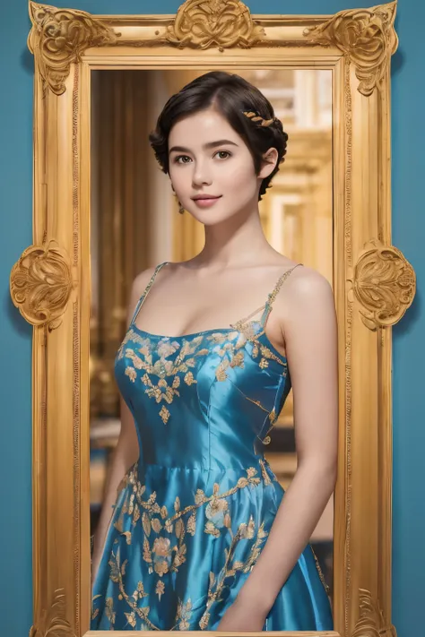 142
(a 20 yo woman,in the palace), (A hyper-realistic), (high-level image quality), ((beautiful hairstyle 46)), ((short-hair:1.46)), (kindly smile), (breasted:1.1), (lipsticks), (wearing a blue dress), (murky,wide,Luxurious room), (florals), (an oil painti...