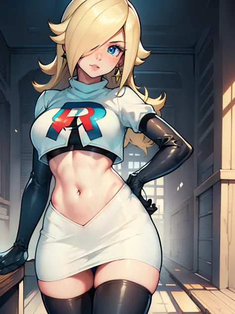 rosalina, glossy lips ,team rocket uniform, red letter R, white skirt,white crop top,black thigh-high boots, black elbow gloves, looking at viewer, cowboy shot