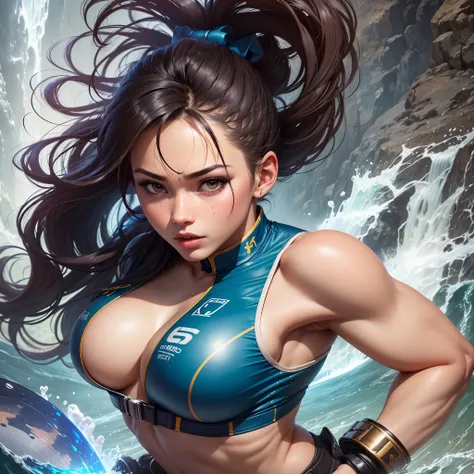 cinematic style, creates female Chun-Li in 2023, full  atletic body Make sure the representation is faithful to the design, alone, maintaining the quality of a character, training in a waterfall --auto --s2