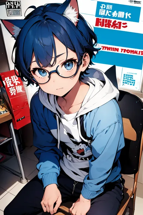 comic_book_cover:1.3, 1boy, handsome man, short hair, ((blue hair)), eye glass, cat ears, hoodie, jacket, sit