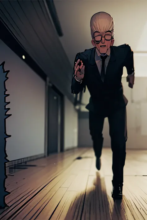 a cartoon of a man in a suit and tie walking through a room