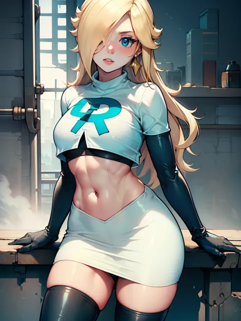 rosalina, glossy lips ,team rocket uniform, red letter R, white skirt,white crop top,black thigh-high boots, black elbow gloves, looking at viewer, cowboy shot