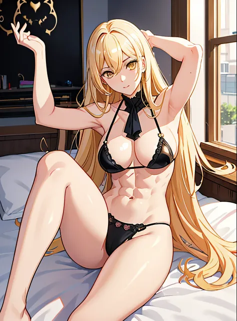 ((((masuter piece、top-quality、Long body、Normal bit、Insertion posture、a blond、muscular body、large full breasts、Split abs、Pure white skin、lyin in bed、Front Angle、opens legs、an lingerie、maikurobikini、Pubic hair shows through、Seduce a man、M-shaped legs、laying ...