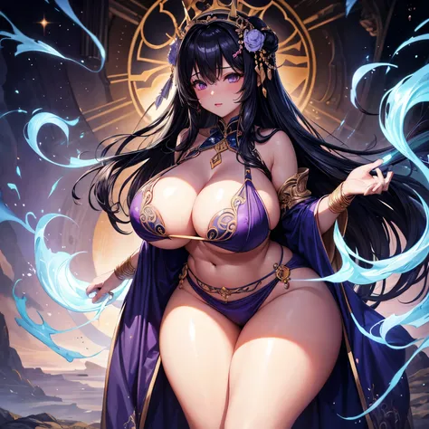 Goddess Of Oracles.Wide hips, thick thighs, Bursting breasts, huge boobs, heavy breast, wet white silk, areola. nipple, super big ass and big thighs and huge ass. glowing purple eyes, Sari, shadows, dark room. Silk Dress