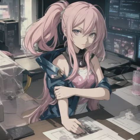 Menina anime com cabelo rosa sentado em uma mesa com um computador, Melhor Anime 4K Konachan Wallpaper, cushart krenz arte chave feminina, menina anime sedutora, Anya, Spy X Family, Marin Kitagawa Fanart, garota anime cyberpunk, ilustre makinami, female ga...