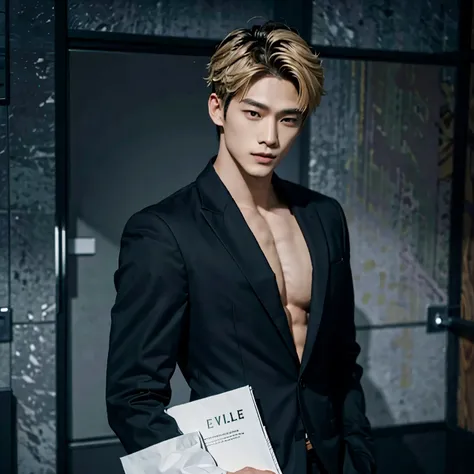 Black Blazer, Abs, No Shirt, Baggy Formal Pants, Male, Blonde Hair, Medium Length, Perfect Facial Symmetry, Perfect Nose, Handsome Nice Smile, Almond Eyes and Korean. One Male, Alone, Single Person, Handsome Smirk. Wolfcut. Single Male, One Person. SINGLE ...