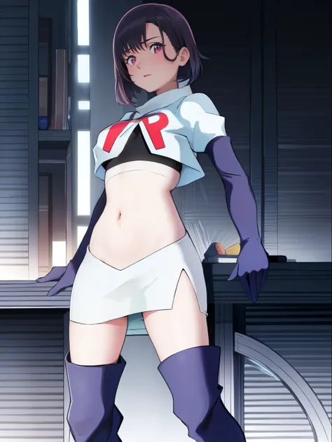 masterpiece, best quality, MShizukaV4, 1girl, solo, hair ornament, navel, medium breasts, standing, hairclip, team rocket, team rocket uniform, red letter R, white skirt, white crop top, black thigh-high boots, black elbow gloves,