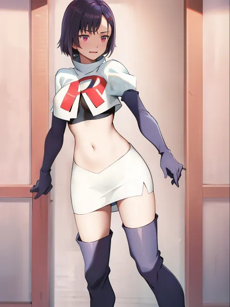 masterpiece, best quality, MShizukaV4, 1girl, solo, hair ornament, navel, medium breasts, standing, hairclip, team rocket, team rocket uniform, red letter R, white skirt, white crop top, black thigh-high boots, black elbow gloves,