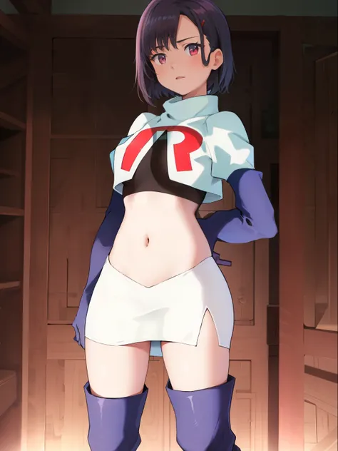 masterpiece, best quality, MShizukaV4, 1girl, solo, hair ornament, navel, medium breasts, standing, hairclip, team rocket, team rocket uniform, red letter R, white skirt, white crop top, black thigh-high boots, black elbow gloves,