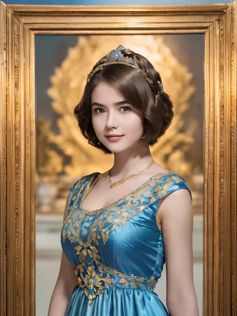 142
(a 20 yo woman,in the palace), (A hyper-realistic), (high-level image quality), ((beautiful hairstyle 46)), ((short-hair:1.46)), (kindly smile), (breasted:1.1), (lipsticks), (wearing a blue dress), (murky,wide,Luxurious room), (florals), (an oil painti...