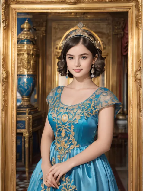 142
(a 20 yo woman,in the palace), (A hyper-realistic), (high-level image quality), ((beautiful hairstyle 46)), ((short-hair:1.46)), (kindly smile), (breasted:1.1), (lipsticks), (wearing a blue dress), (murky,wide,Luxurious room), (florals), (an oil painti...