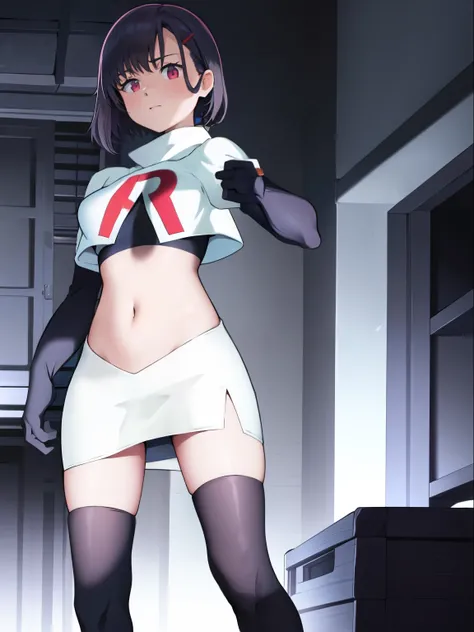 masterpiece, best quality, MShizukaV4, 1girl, solo, hair ornament, navel, medium breasts, standing, hairclip, team rocket, team rocket uniform, red letter R, white skirt, white crop top, black thigh-high boots, black elbow gloves,