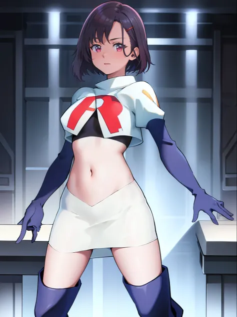 masterpiece, best quality, MShizukaV4, 1girl, solo, hair ornament, navel, medium breasts, standing, hairclip, team rocket, team rocket uniform, red letter R, white skirt, white crop top, black thigh-high boots, black elbow gloves,