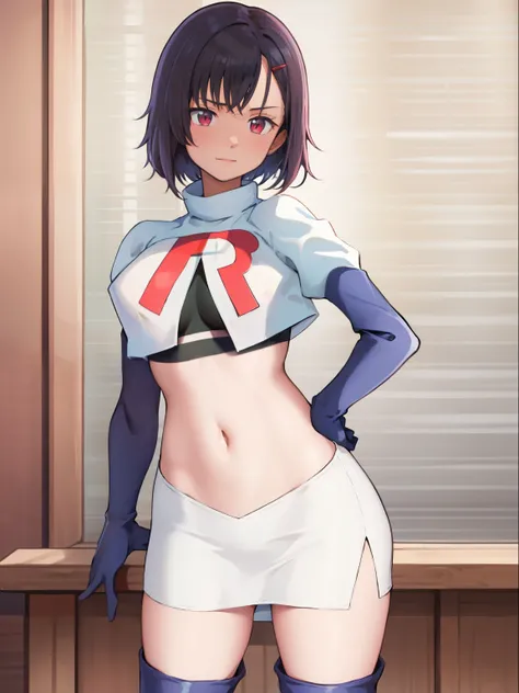 masterpiece, best quality, MShizukaV4, 1girl, solo, hair ornament, navel, medium breasts, standing, hairclip, team rocket, team rocket uniform, red letter R, white skirt, white crop top, black thigh-high boots, black elbow gloves,