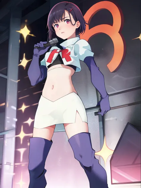 masterpiece, best quality, MShizukaV4, 1girl, solo, hair ornament, navel, medium breasts, standing, hairclip, team rocket, team rocket uniform, red letter R, white skirt, white crop top, black thigh-high boots, black elbow gloves,