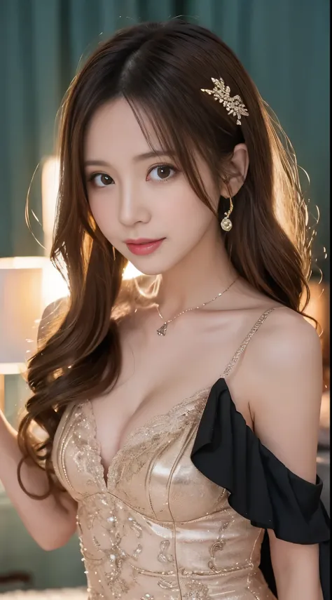 33 year old cute woman､Photos taken by a professional photographer，light brown delicate hair，Medium hair with wavy tips，Fancy makeup with brown eyeshadow，Black dress，round silver necklace，Medium breasts and cleavage，Looking away，Black High Heels，