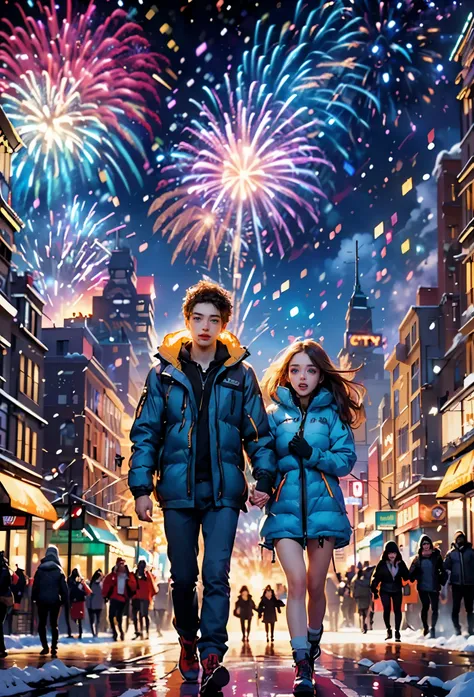 (tmasterpiece),（ultra - detailed:1.3），best quality，(it's snowing)，(young couple wearing down jackets walking hand in hand in the...